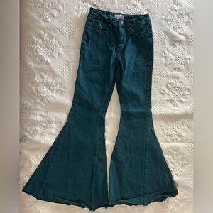 Shyanne Jeans Womens 27 Short Teal Ultra Flare Bell Bottom Raw Hem Stretch